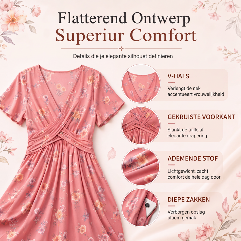 Damesjurk met V-hals, bloemenprint en gedraaide taille
