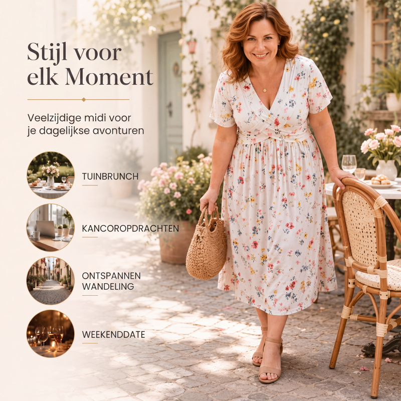 Damesjurk met V-hals, bloemenprint en gedraaide taille