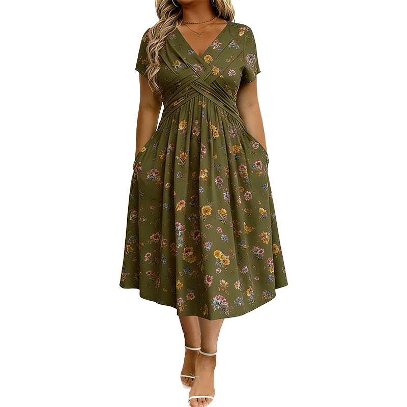 Damesjurk met V-hals, bloemenprint en gedraaide taille