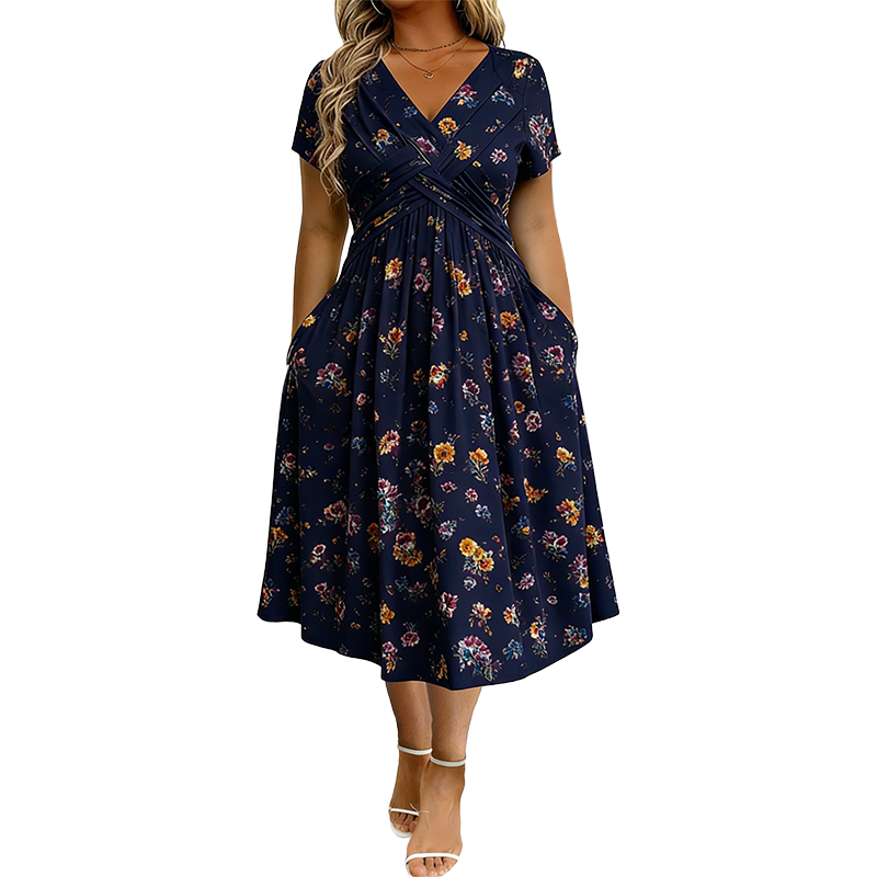 Damesjurk met V-hals, bloemenprint en gedraaide taille