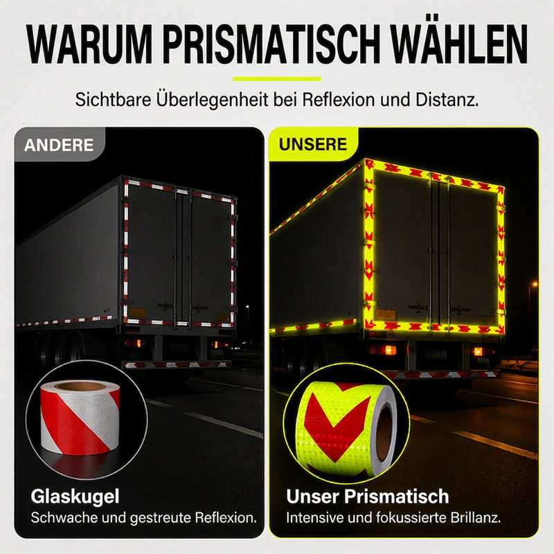 🚛50% RABATT🔦Hochsichtbares reflektierendes Pfeilband – hochsichtbar, wetterfest & selbstklebend für Anhänger und Nutzfahrzeuge⚠️