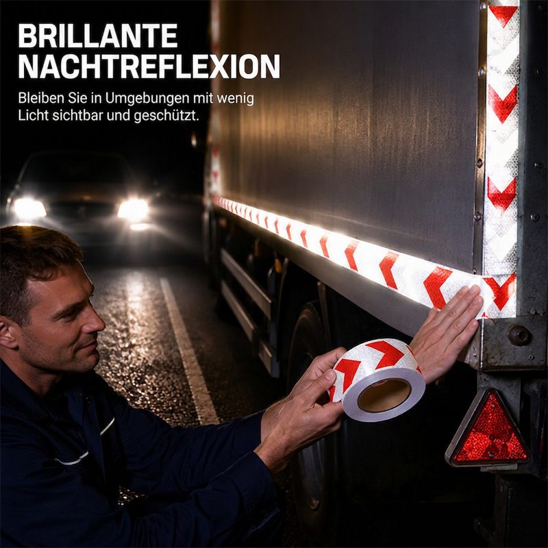 🚛50% RABATT🔦Hochsichtbares reflektierendes Pfeilband – hochsichtbar, wetterfest & selbstklebend für Anhänger und Nutzfahrzeuge⚠️