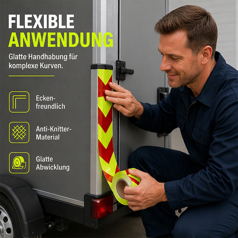 🚛50% RABATT🔦Hochsichtbares reflektierendes Pfeilband – hochsichtbar, wetterfest & selbstklebend für Anhänger und Nutzfahrzeuge⚠️