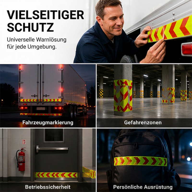 🚛50% RABATT🔦Hochsichtbares reflektierendes Pfeilband – hochsichtbar, wetterfest & selbstklebend für Anhänger und Nutzfahrzeuge⚠️