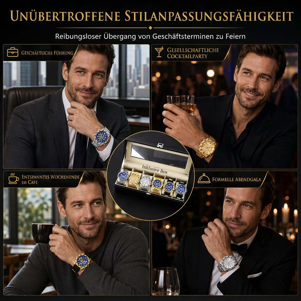 📢📢50% RABATT !!⏰6-teiliges Herrenuhren-Set mit Stahlarmband, modische Uhren in Geschenkbox