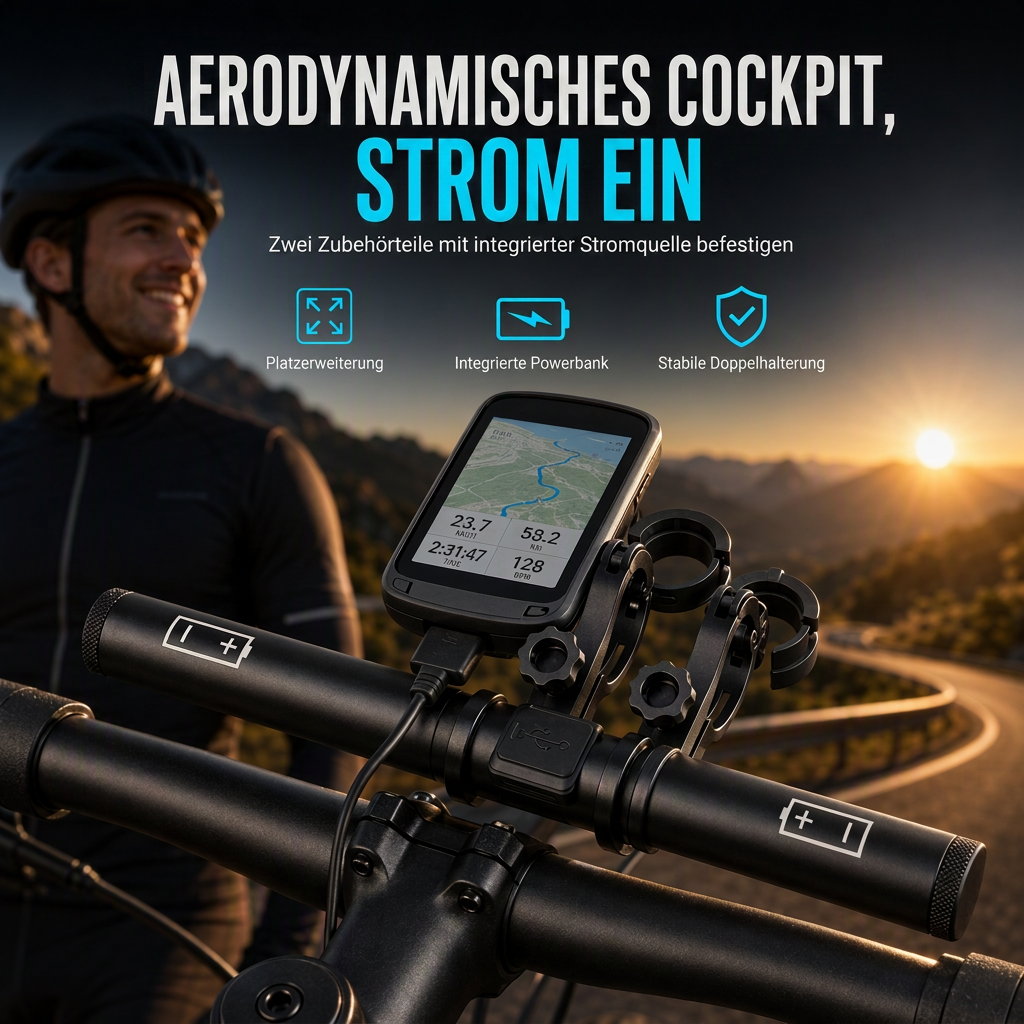 🚲 Lenker-Erweiterung mit USB-Powerbank & Halterung für Fahrradlampe & Taschenlampe – mehr Platz am Lenker🔋