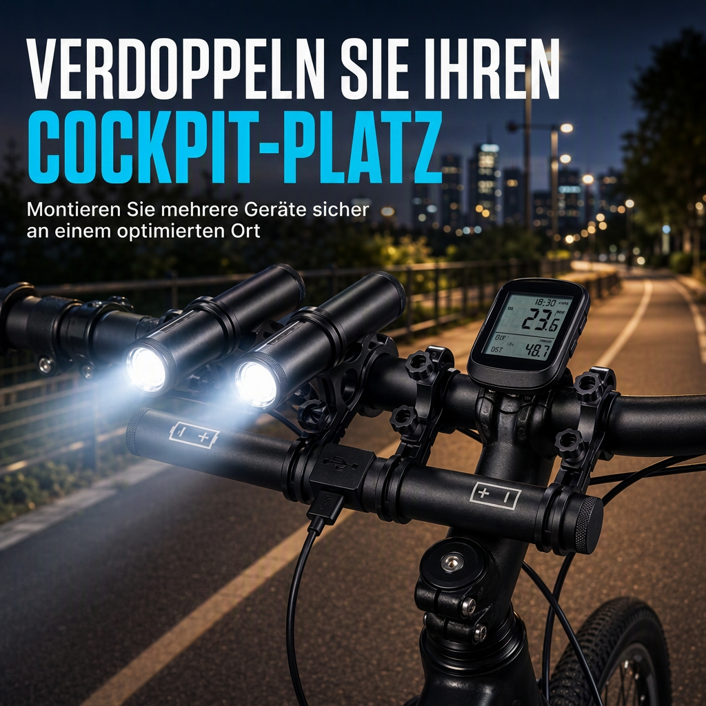 🚲 Lenker-Erweiterung mit USB-Powerbank & Halterung für Fahrradlampe & Taschenlampe – mehr Platz am Lenker🔋