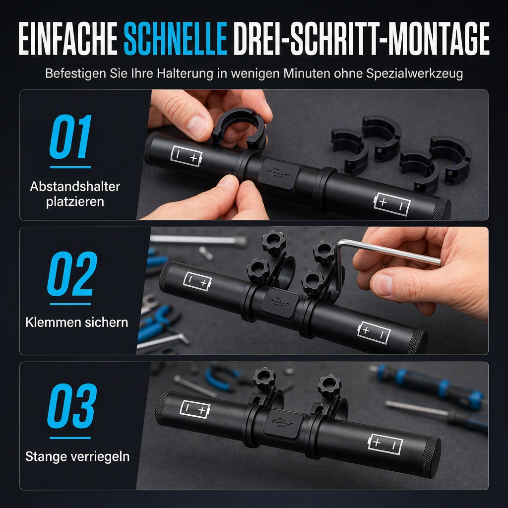 🚲 Lenker-Erweiterung mit USB-Powerbank & Halterung für Fahrradlampe & Taschenlampe – mehr Platz am Lenker🔋