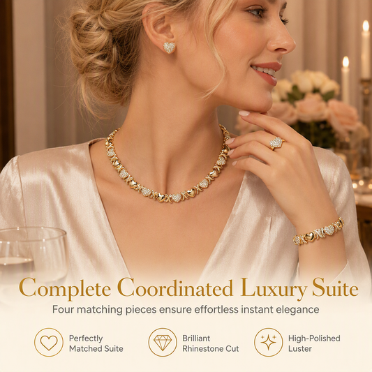 Gold Plated Heart Shaped Rhinestone Jewelry 4-Piece Set with Necklace Earrings Bracelet and Ring