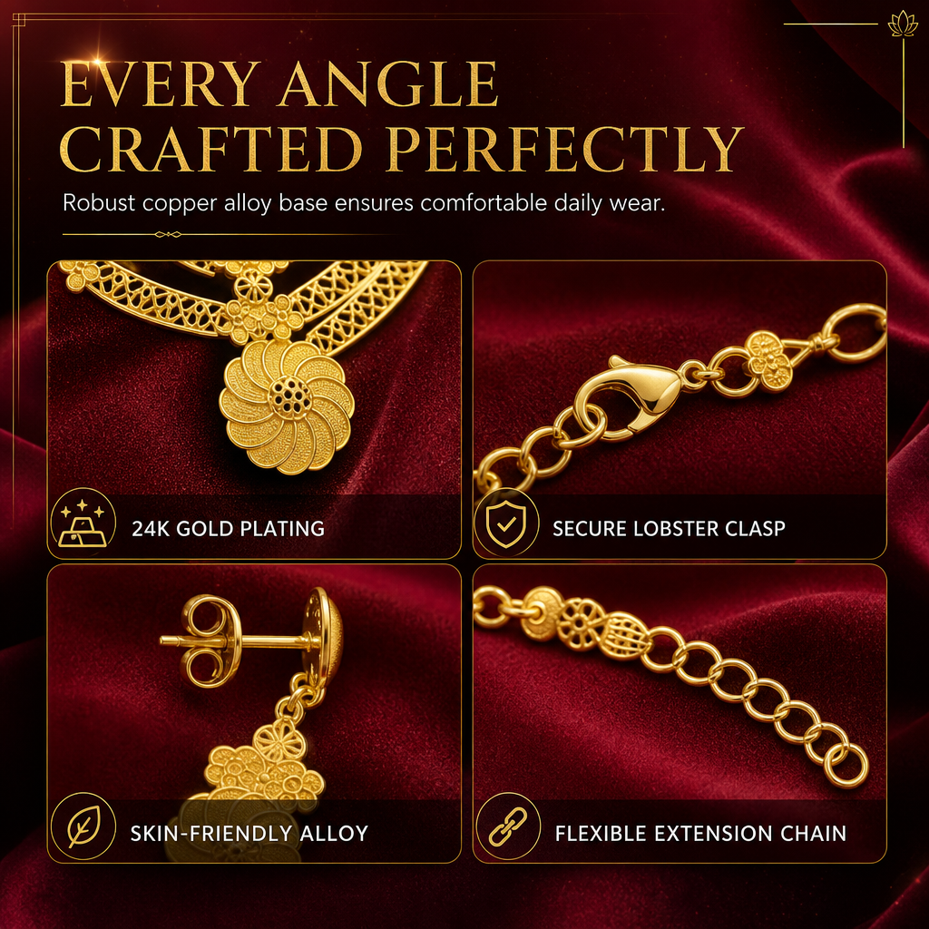 💛 50% RABATT 💍 24-karätig vergoldetes Brautschmuck-Set, Dubai & indischer Stil mit Kette, Armband, Ring und Ohrringen 📿