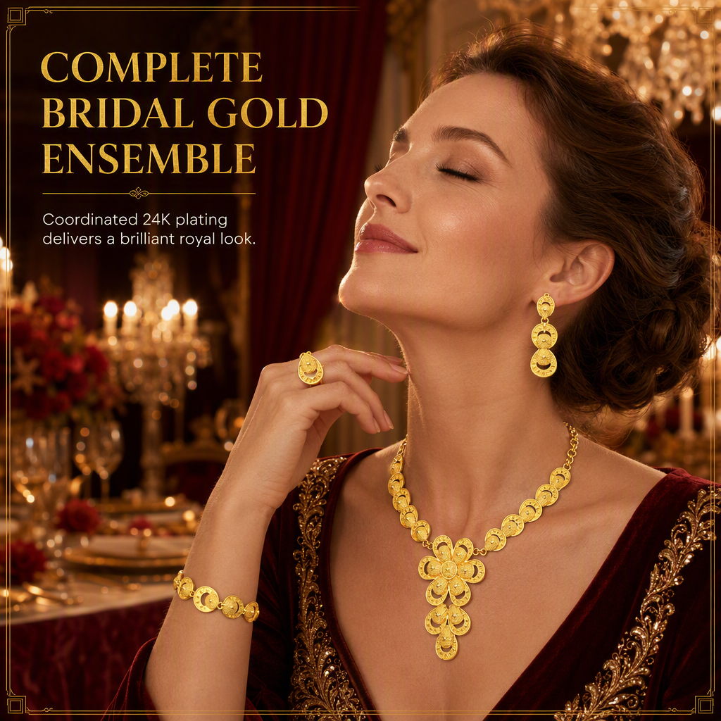 💛 50% RABATT 💍 24-karätig vergoldetes Brautschmuck-Set, Dubai & indischer Stil mit Kette, Armband, Ring und Ohrringen 📿