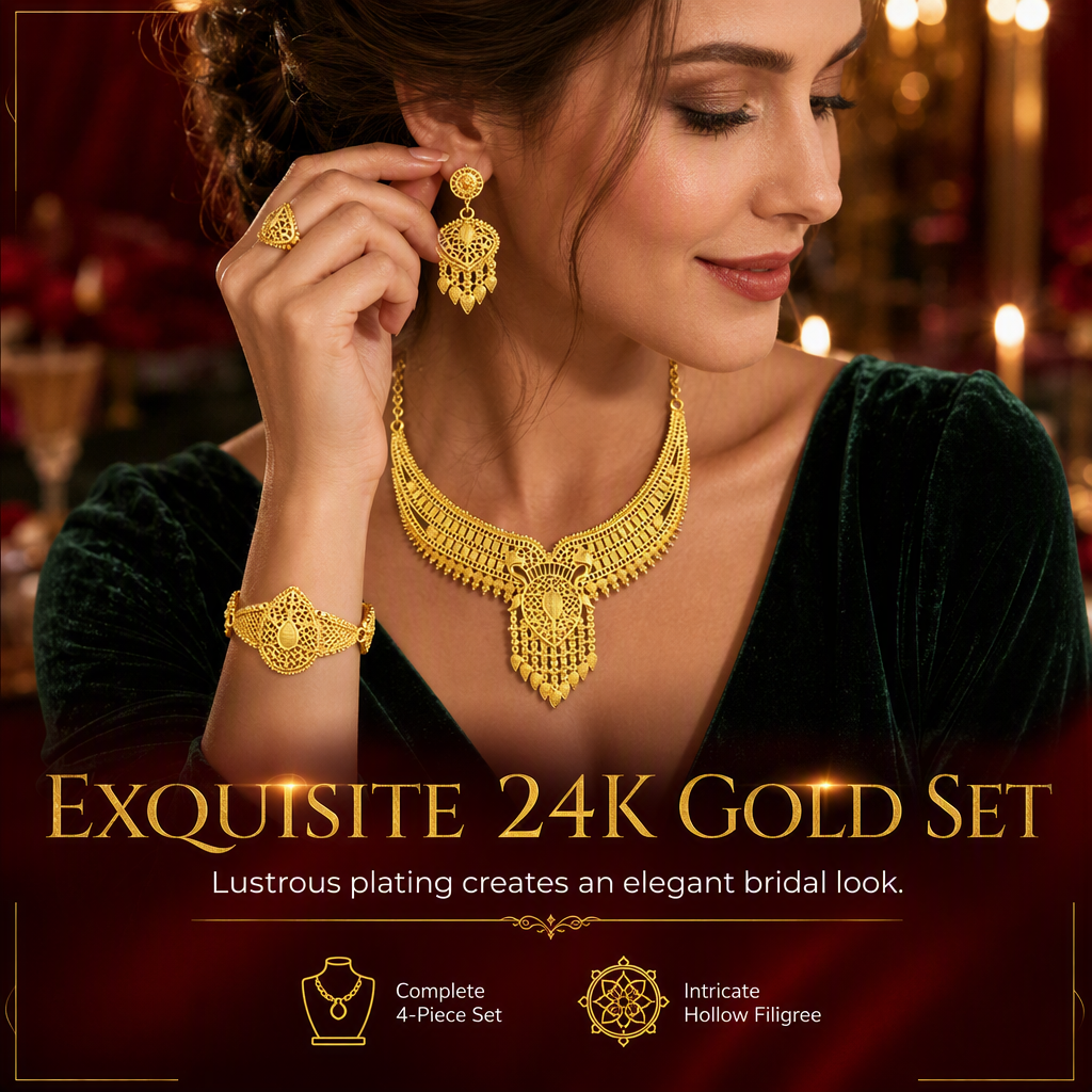 💛 50% RABATT 💍 24-karätig vergoldetes Brautschmuck-Set, Dubai & indischer Stil mit Kette, Armband, Ring und Ohrringen 📿