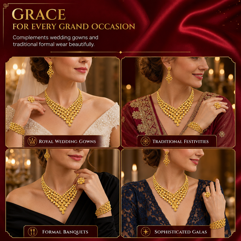 💛 50% RABATT 💍 24-karätig vergoldetes Brautschmuck-Set, Dubai & indischer Stil mit Kette, Armband, Ring und Ohrringen 📿