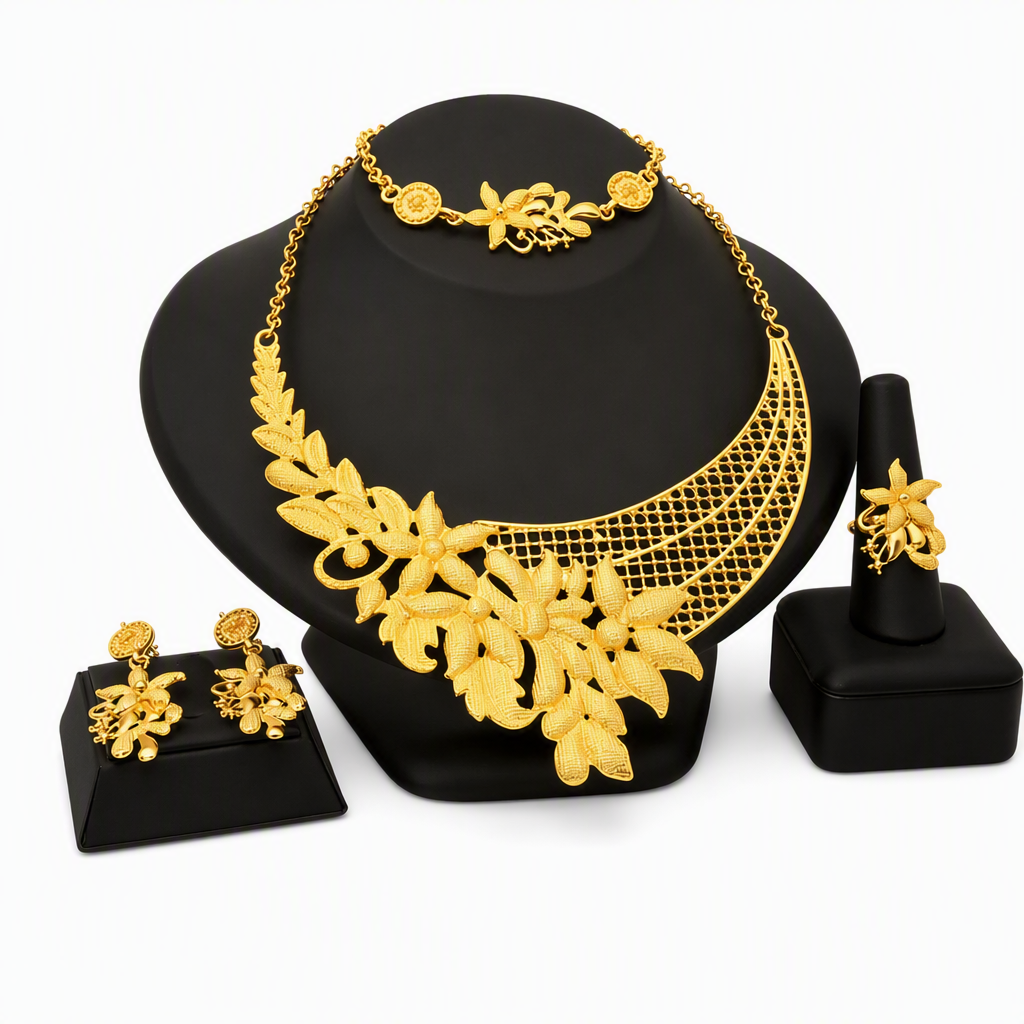 💛 50% RABATT 💍 24-karätig vergoldetes Brautschmuck-Set, Dubai & indischer Stil mit Kette, Armband, Ring und Ohrringen 📿