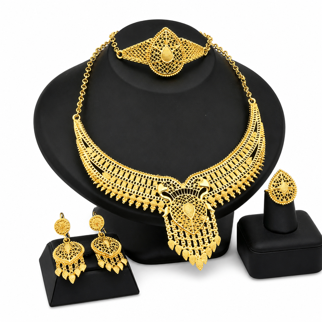 💛 50% RABATT 💍 24-karätig vergoldetes Brautschmuck-Set, Dubai & indischer Stil mit Kette, Armband, Ring und Ohrringen 📿