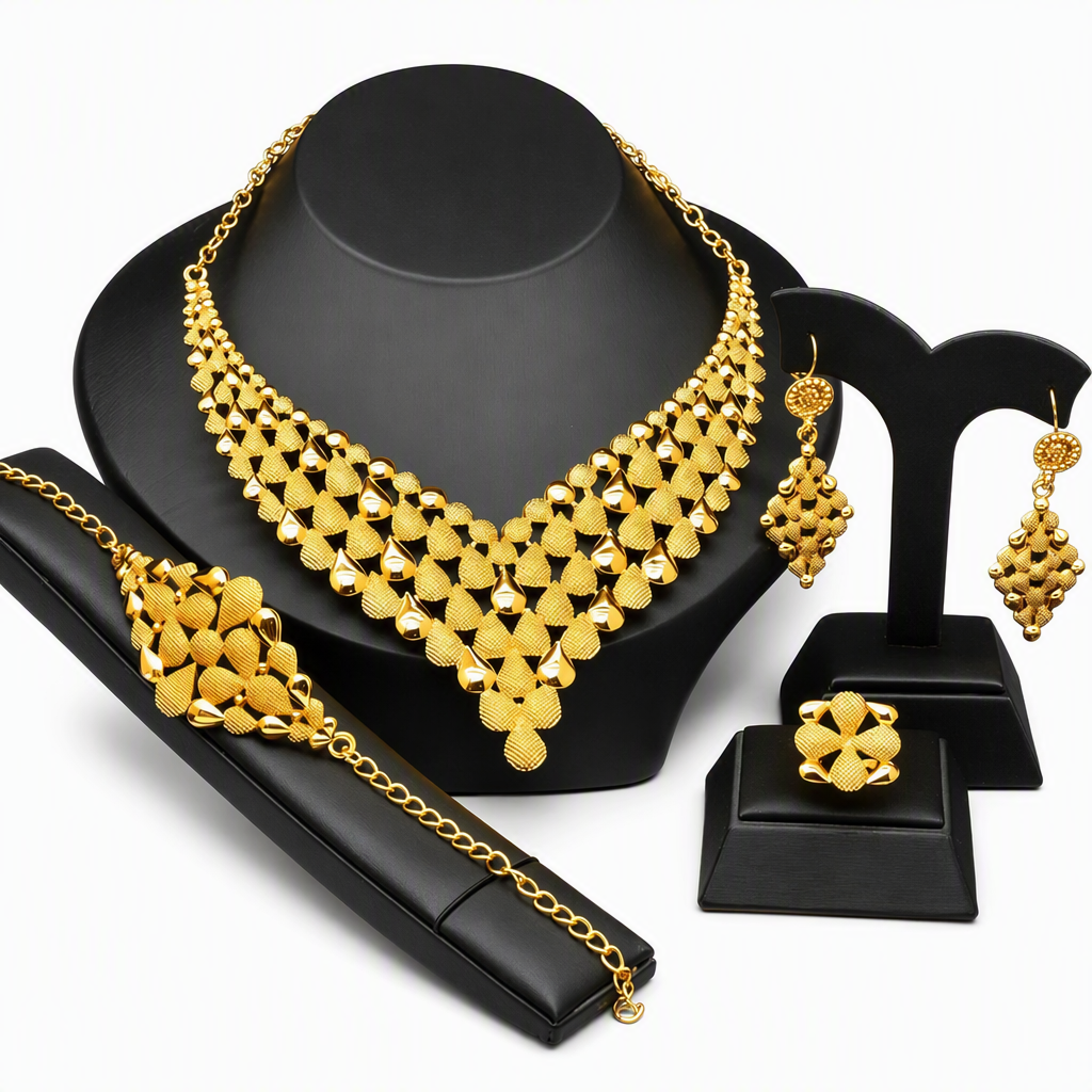 💛 50% RABATT 💍 24-karätig vergoldetes Brautschmuck-Set, Dubai & indischer Stil mit Kette, Armband, Ring und Ohrringen 📿