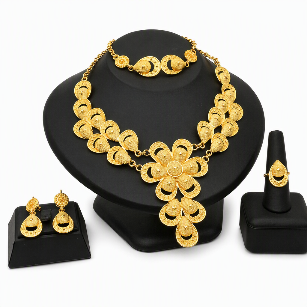 💛 50% RABATT 💍 24-karätig vergoldetes Brautschmuck-Set, Dubai & indischer Stil mit Kette, Armband, Ring und Ohrringen 📿