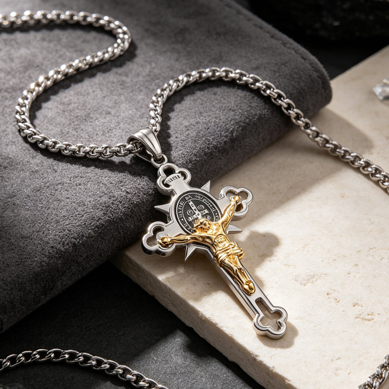 Herren-Halskette mit Vintage-Kreuz-Anhänger aus Edelstahl