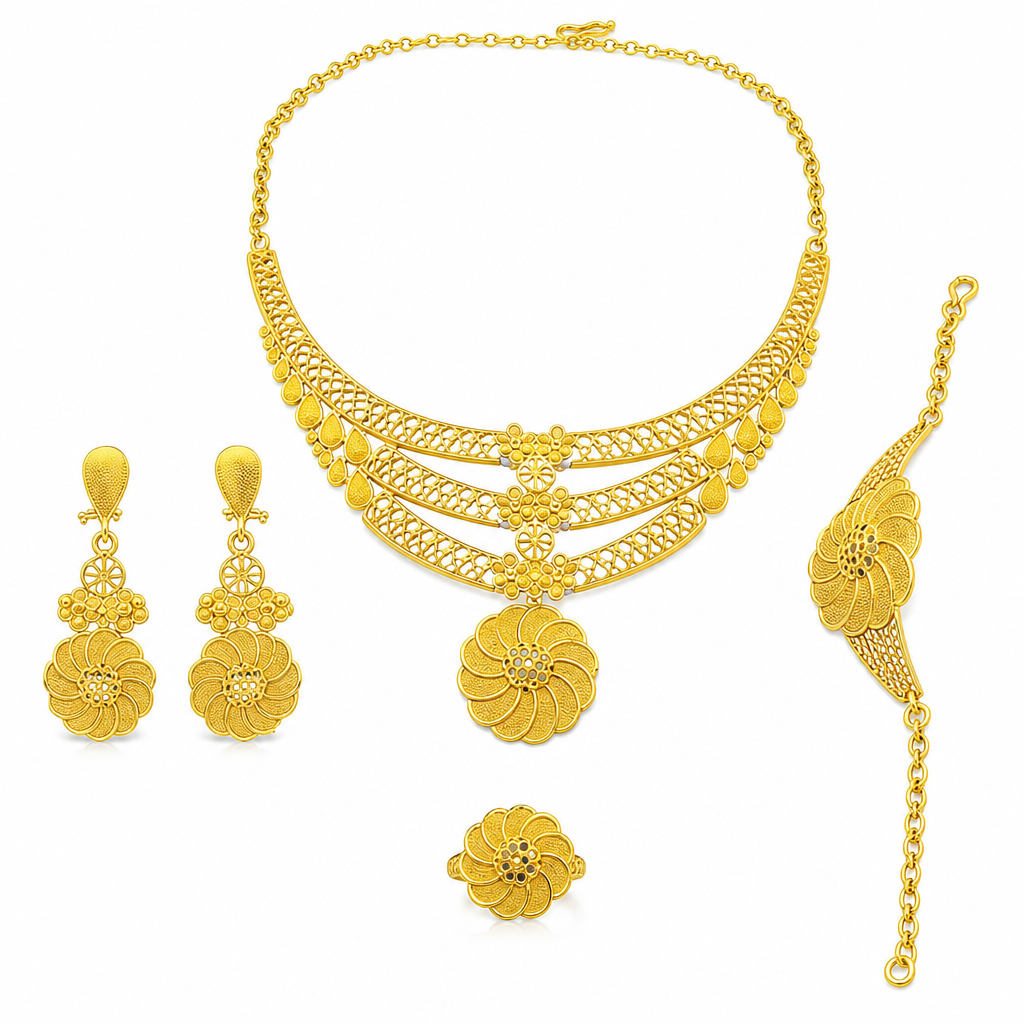 💛 50% RABATT 💍 24-karätig vergoldetes Brautschmuck-Set, Dubai & indischer Stil mit Kette, Armband, Ring und Ohrringen 📿