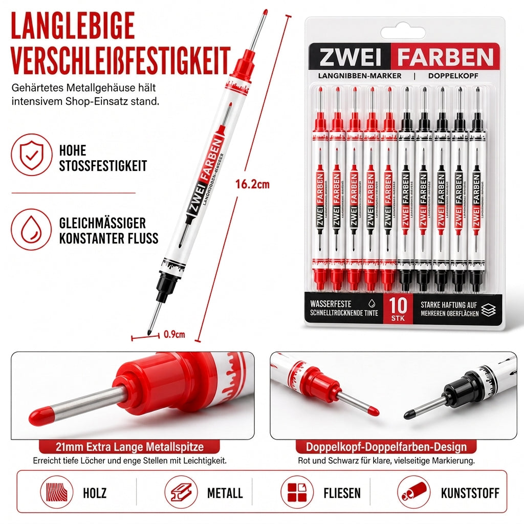 ⏳ Nur für kurze Zeit 50% Rabatt 💥10er-Pack Permanentmarker mit zwei langen Spitzen, wasserfest, ölbasiert, zum Markieren in tiefen Löchern beim Holzbearbeiten