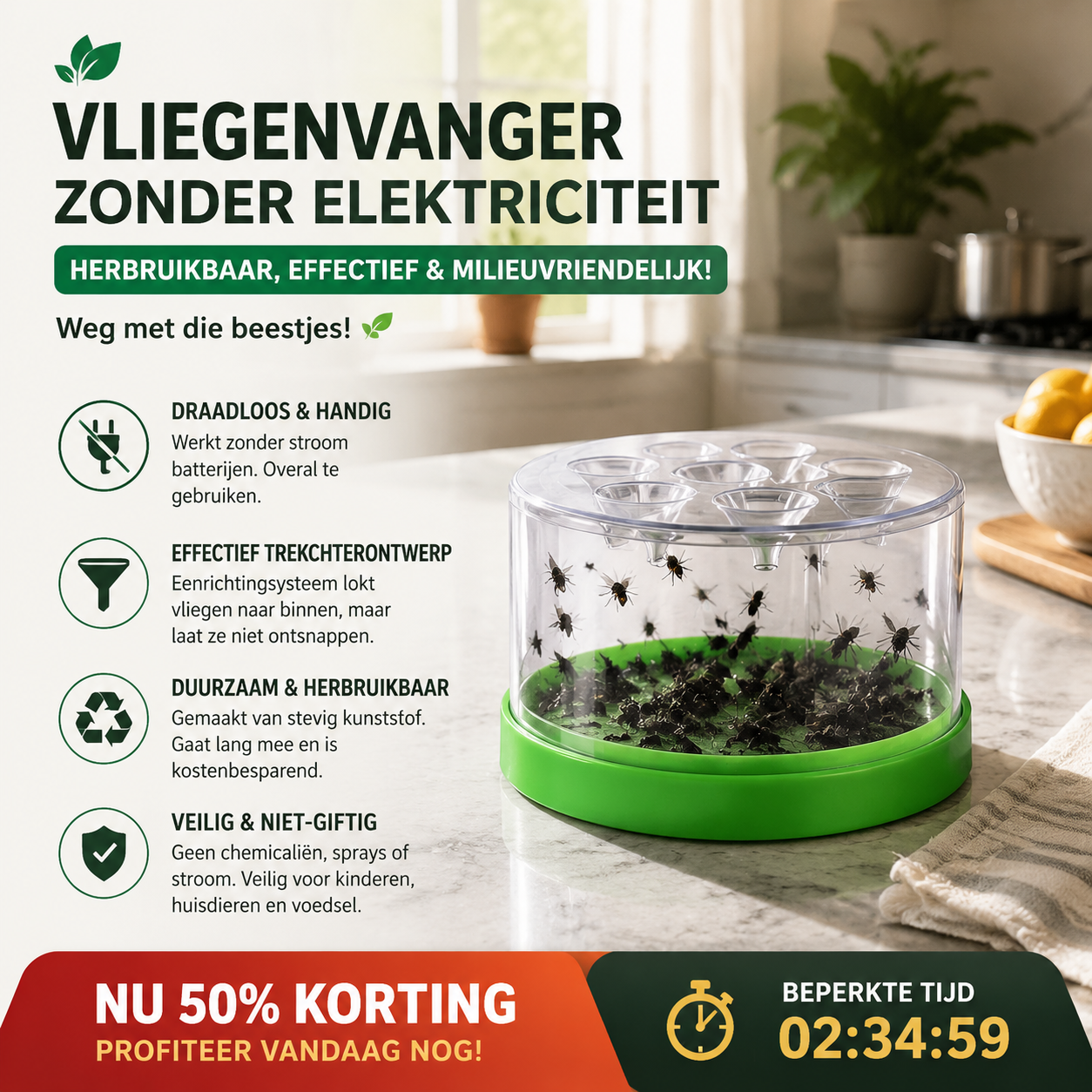 💥50% KORTING!♻️Herbruikbare niet-elektrische vliegenval