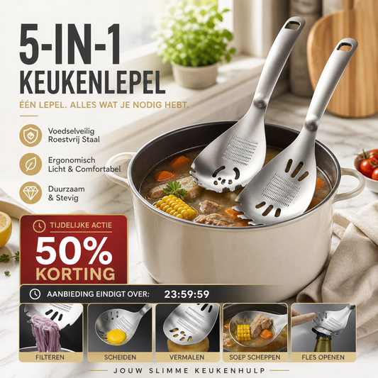🔄🍲Multifunctionele Keukenlepel – Lepelen, Zeven, Scheiden, Malen & Openen | 5 Functies in 1 Handig Keukenhulpmiddel 🧂